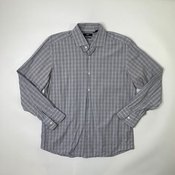 Hugo Boss Shirt Mens 41 Grey Regular Fit Check Button Up Long Sleeve Dress - Picture 2 of 7